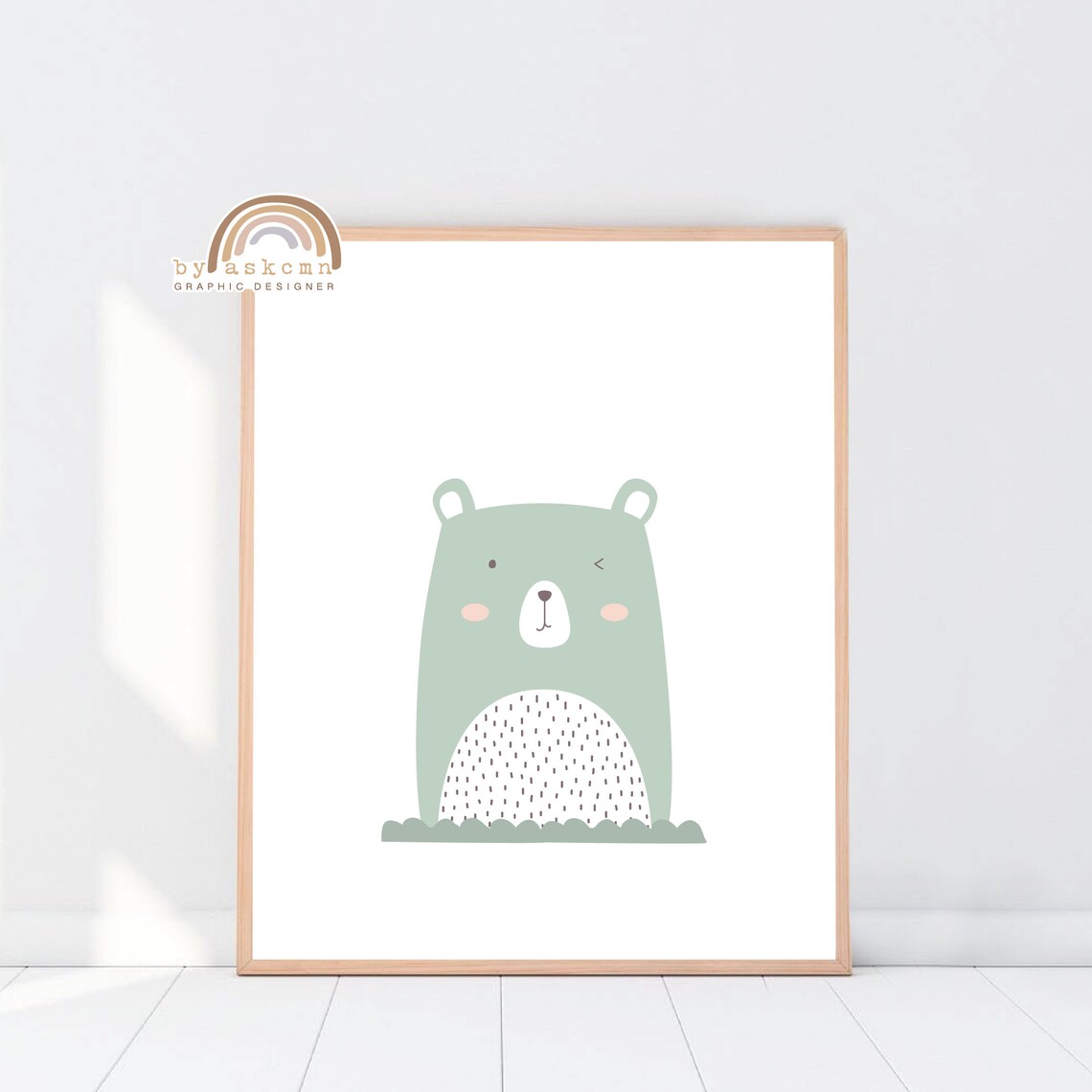 Sage Green Winking Bear Nursery Animal Minimalist Decor Poster - Image 5