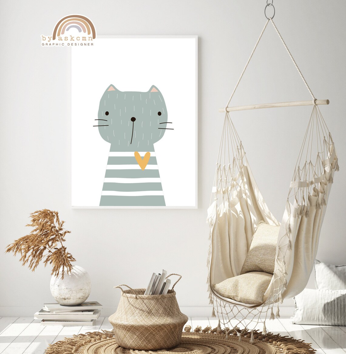 Cute Gray Cat With Striped Sweater And Heart Nursery Decor Poster - Image 3