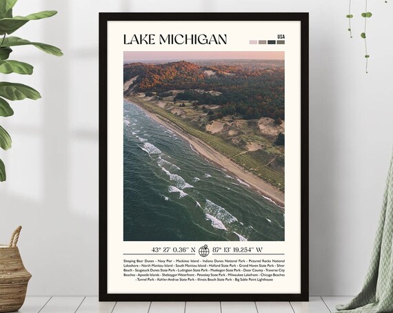 Lake Michigan USA Aerial Shoreline Beach Dunes Photo Travel Poster