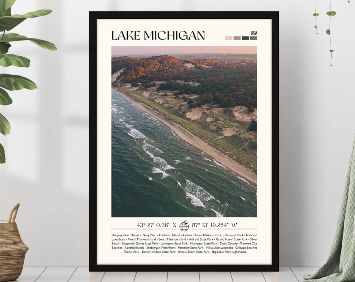 Lake Michigan USA Aerial Shoreline Beach Dunes Photo Travel Poster