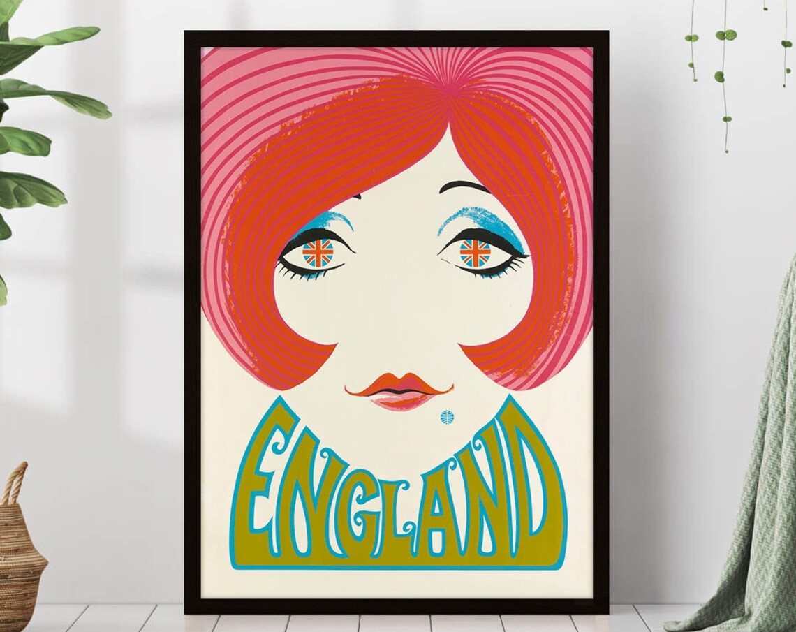 England 1960s Mod Girl Union Jack Eyes Retro Travel Art Poster