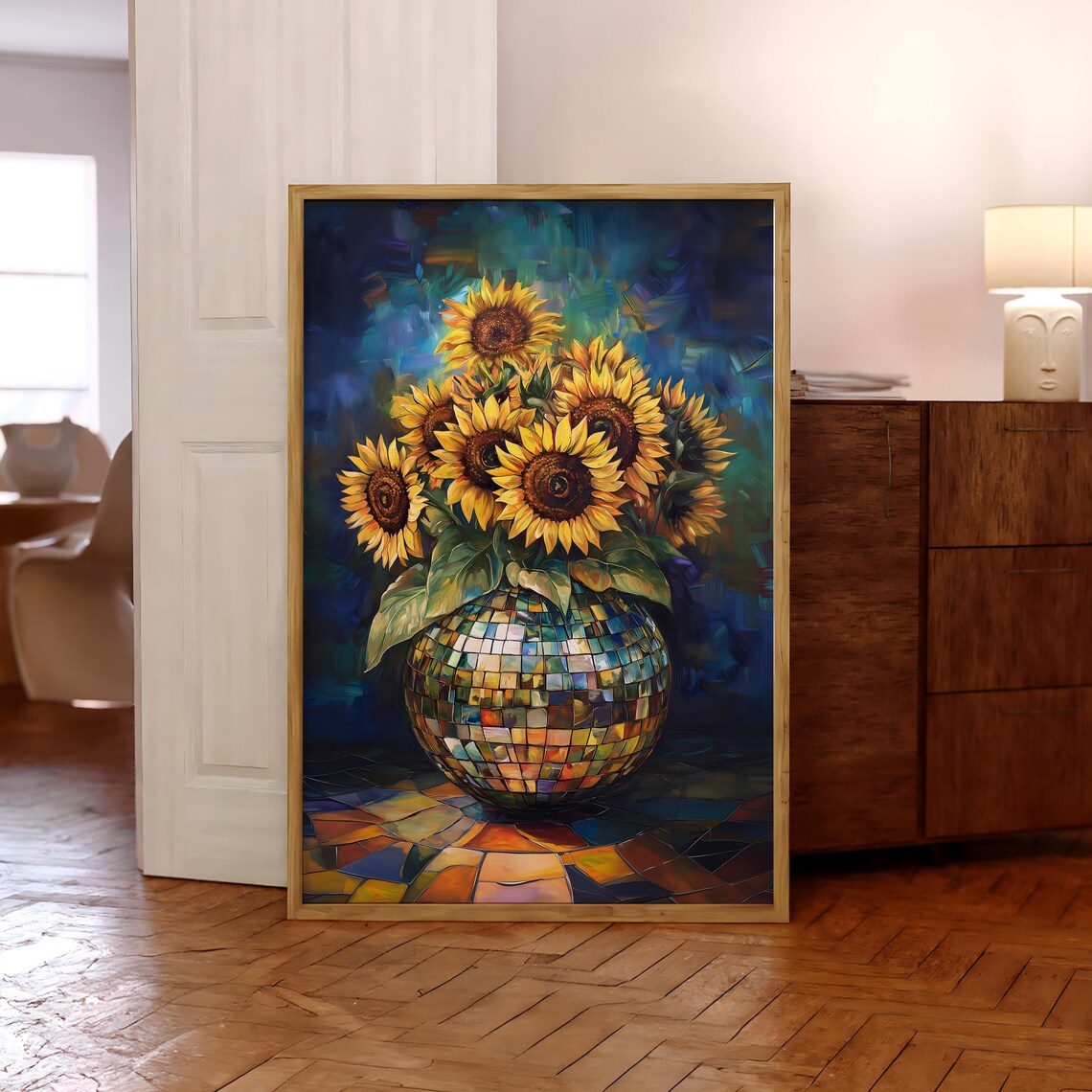 Bright Sunflower Bouquet in Disco Ball Vase on Deep Blue Art Poster
