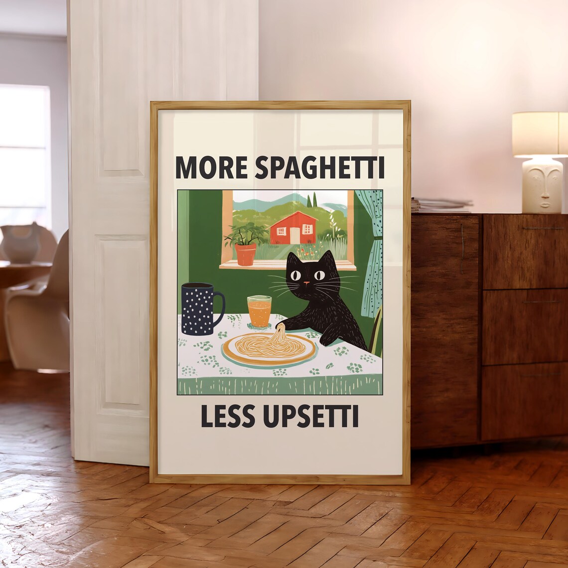 More Spaghetti Less Upsetti Cat Poster, Italian Kitchen