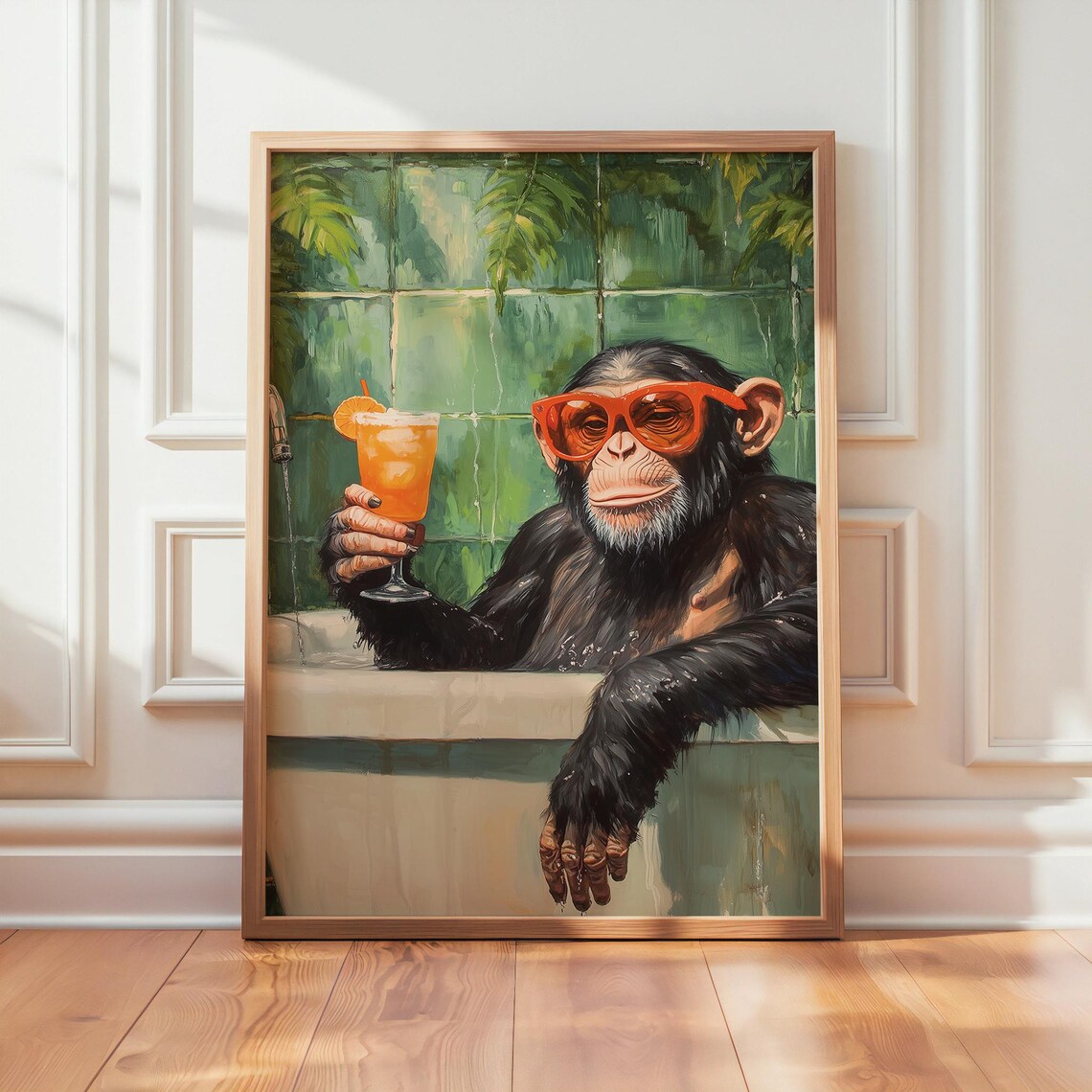 Funny Chimpanzee in Bathtub Retro Animal Art Print