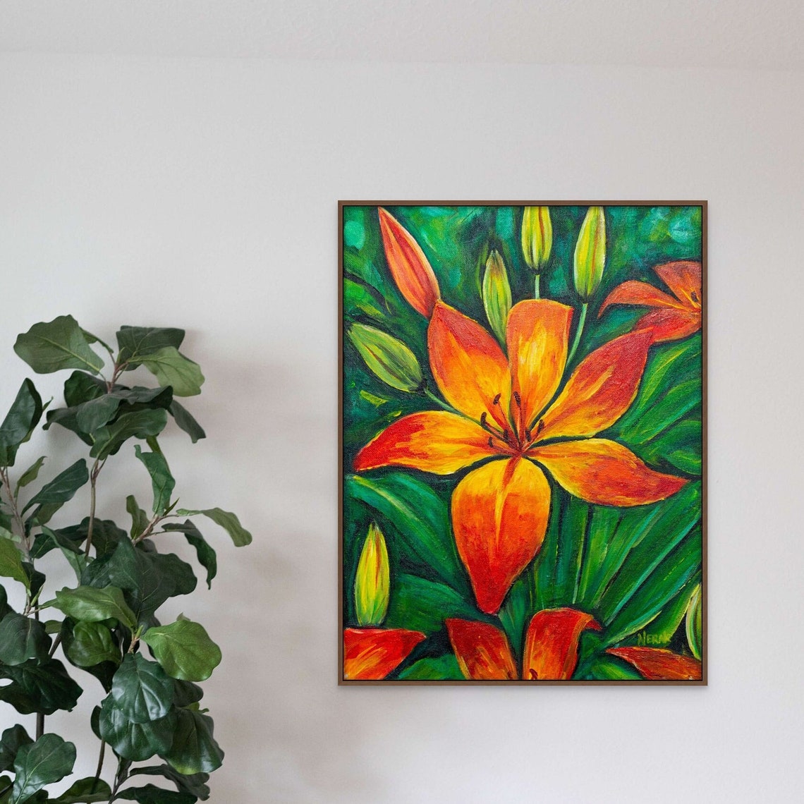 Orange Lilies Vibrant Botanical Painting Green Leaves Floral Poster