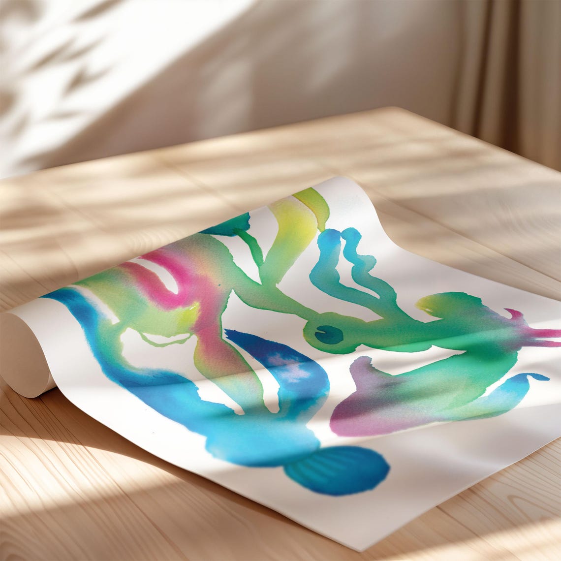 Abstract Botanical Watercolor Shapes in Teal Green and Rose Poster - Image 3