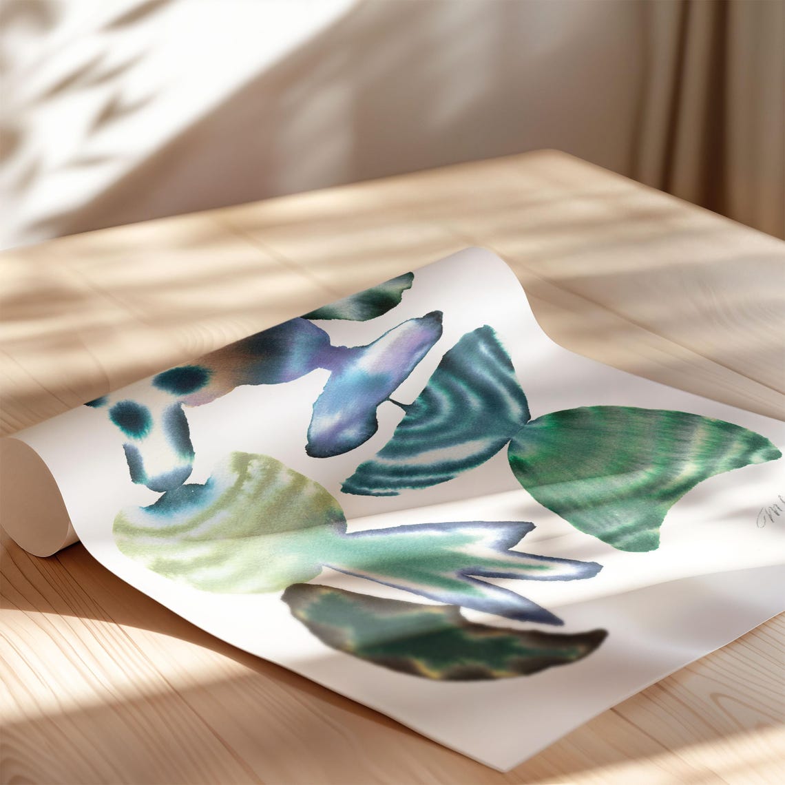 Teal Blue Organic Watercolor Shell Inspired Forms Art Poster - Image 3
