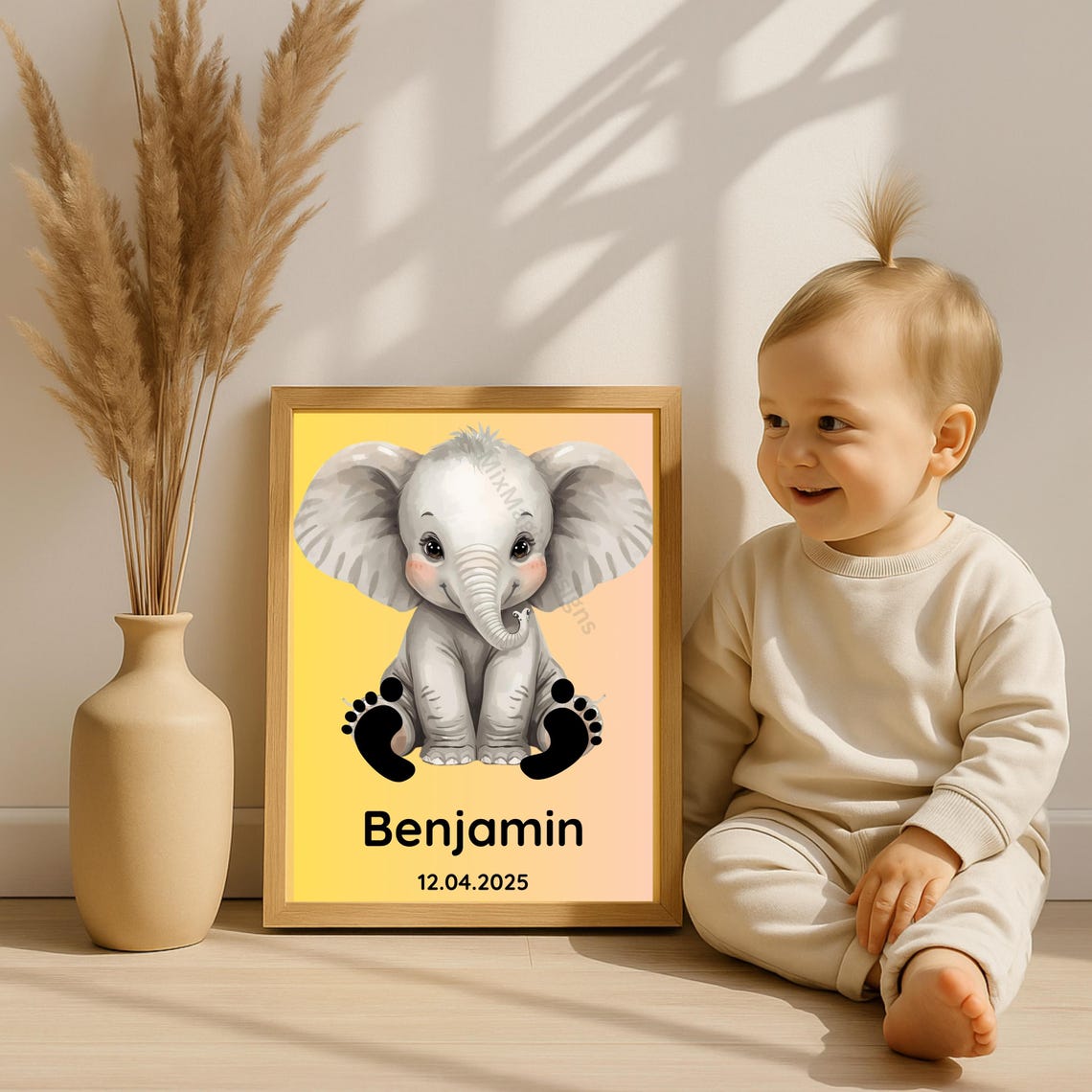 Personalized Baby Elephant Nursery Print with Name and Birth Date Gift