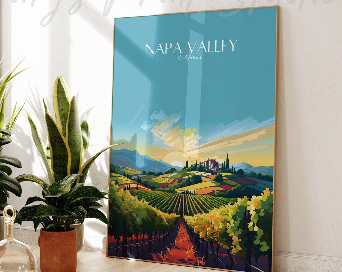 Napa Valley California Sunrise Vineyard Hills Vintage Travel Poster Art