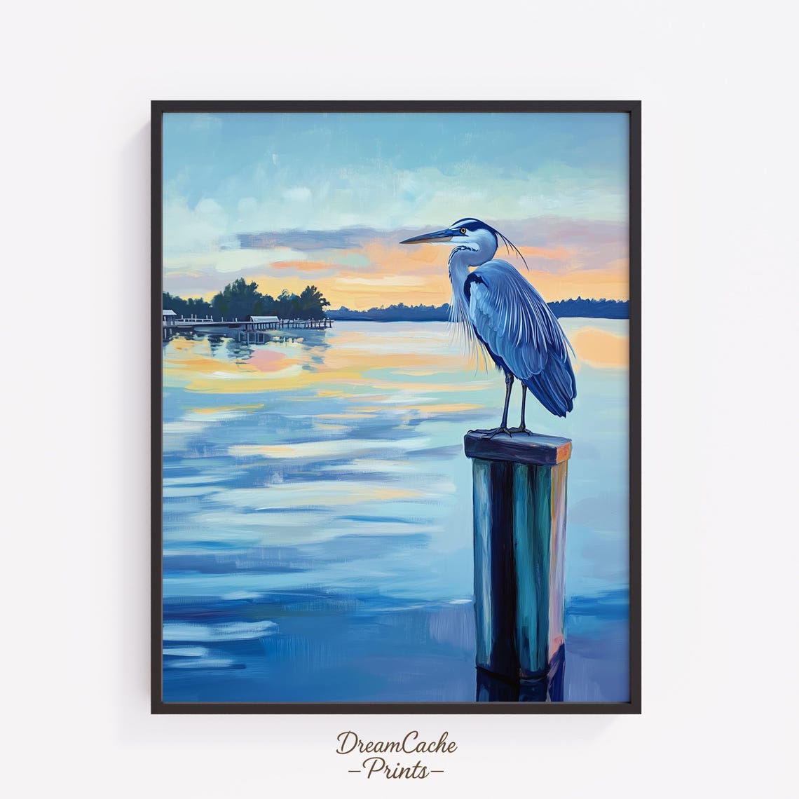 Blue Heron Perched On Weathered Dock Post In Soft Twilight Glow Print