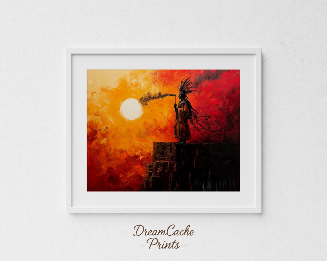 Aztec Priest On Cliff Fiery Sunset Oil Painting Cultural Art Poster
