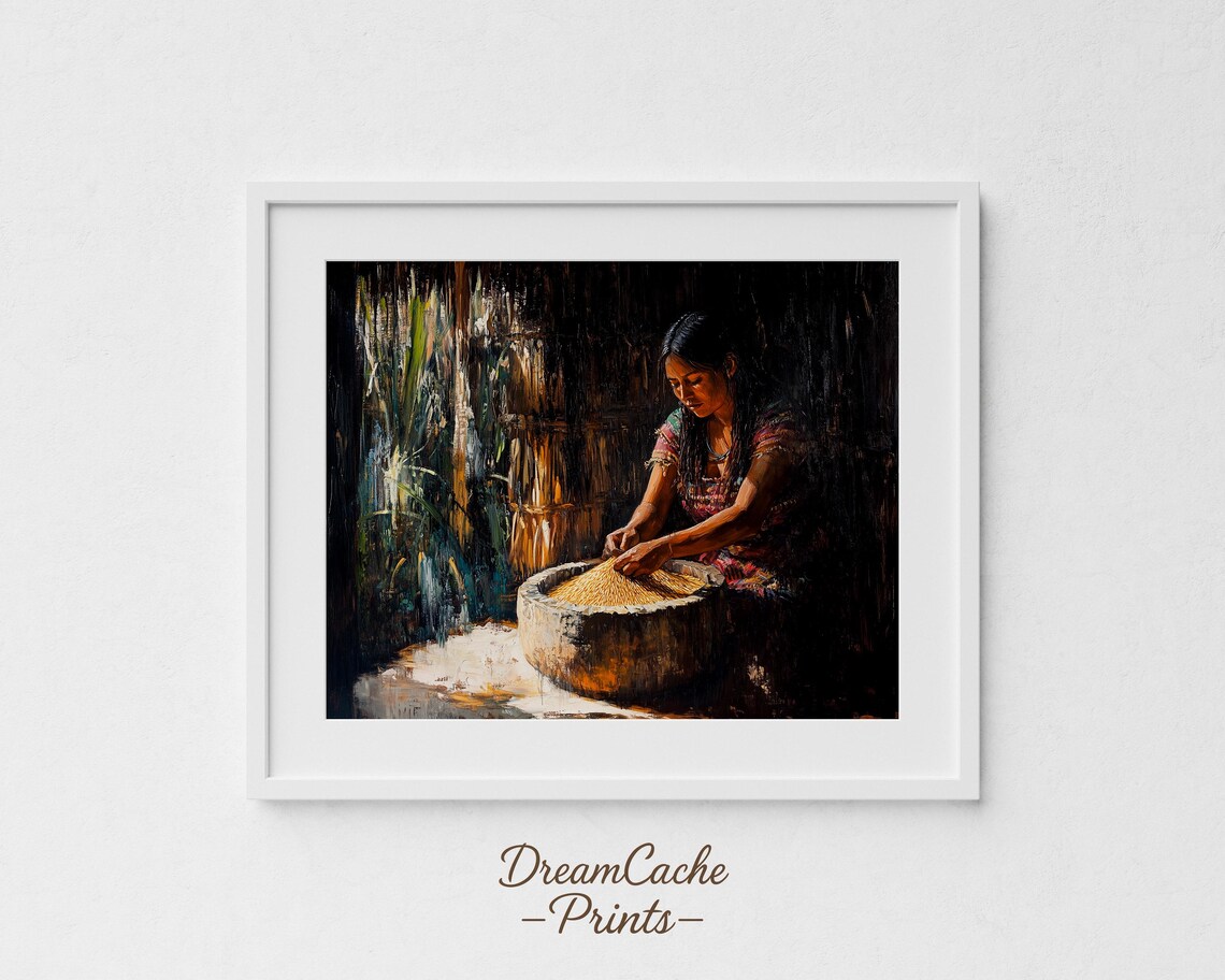 Woman Grinding Maize Rustic Oil Painting Cultural Heritage Art Poster