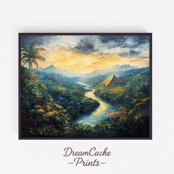 Aztec Pyramid Hidden In Jungle River Valley Golden Hour Oil Painting Poster