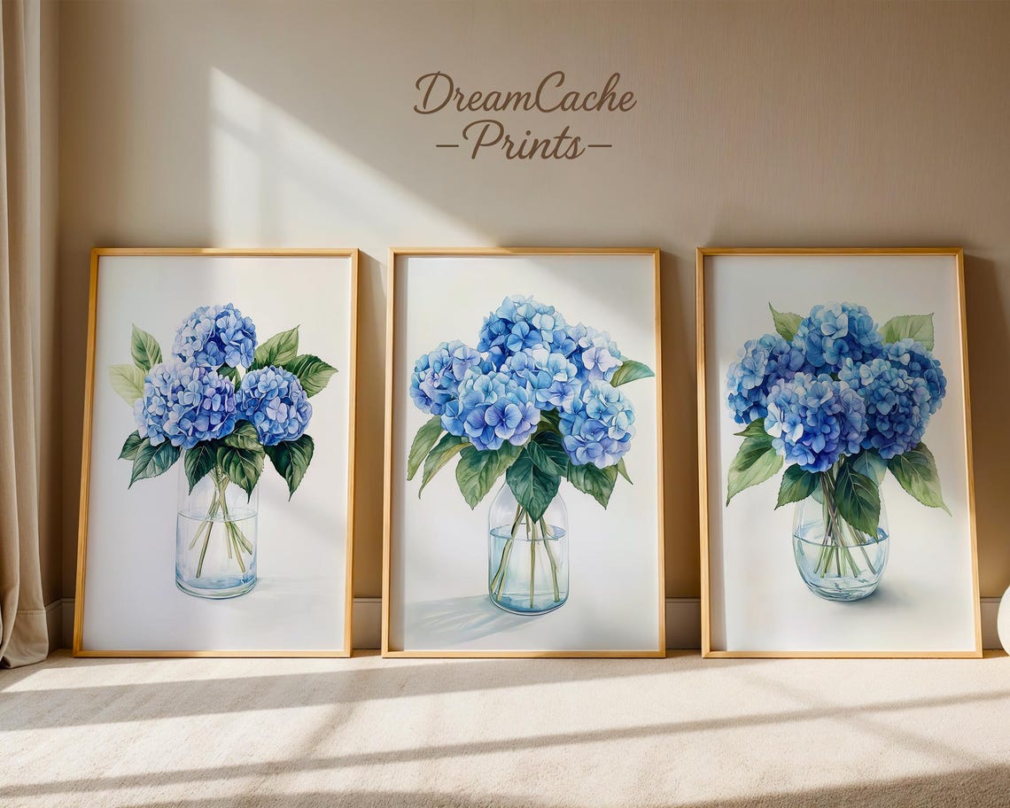 Set Of Three Blue Hydrangea Watercolor Vase Paintings Poster