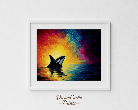 Orca Whale Ocean Print Silhouette Beneath Aurora Sky Vibrant Reflections On Water Night Scene Beachy Wall Art Products 58