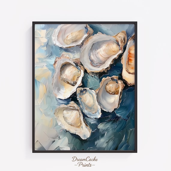 Fresh Oyster Shells On Blue Impasto Coastal Still Life Poster
