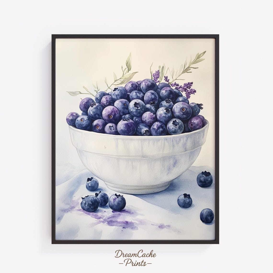 Fresh Blueberries Bowl Watercolor Still Life Kitchen Art Poster
