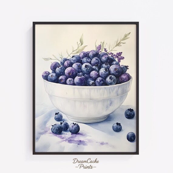 Fresh Blueberries Bowl Watercolor Still Life Kitchen Art Poster