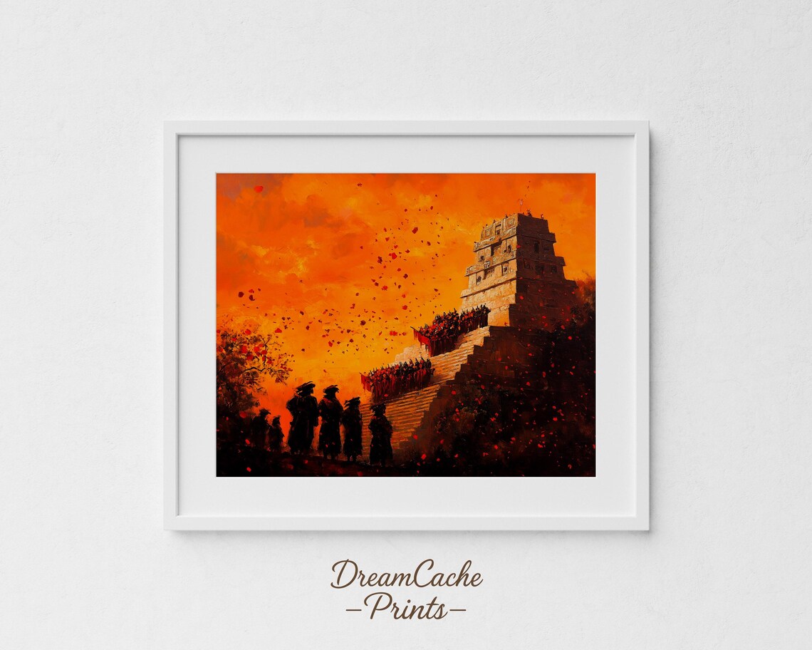 Aztec Funeral Procession Up The Pyramid At Fiery Sunset Oil Painting Poster