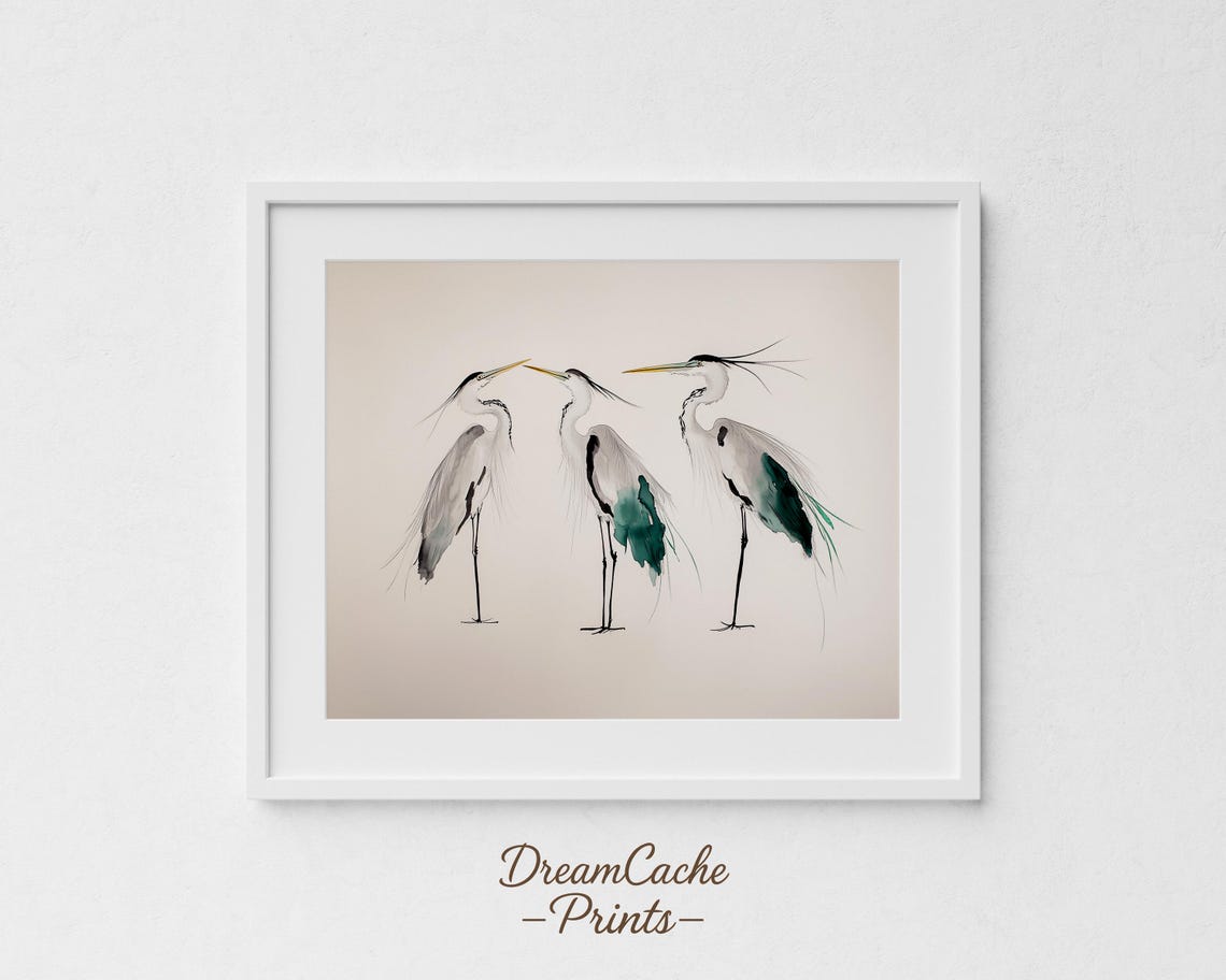 Three Blue Herons Minimalist Ink Wash Watercolor Bird Art Poster