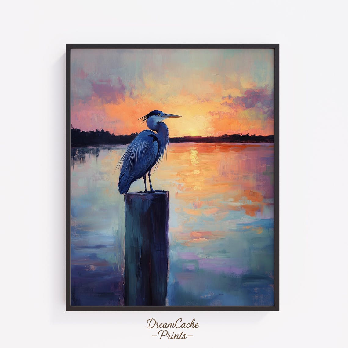 Blue Heron On Dock Post At Sunset With Water Reflections Poster