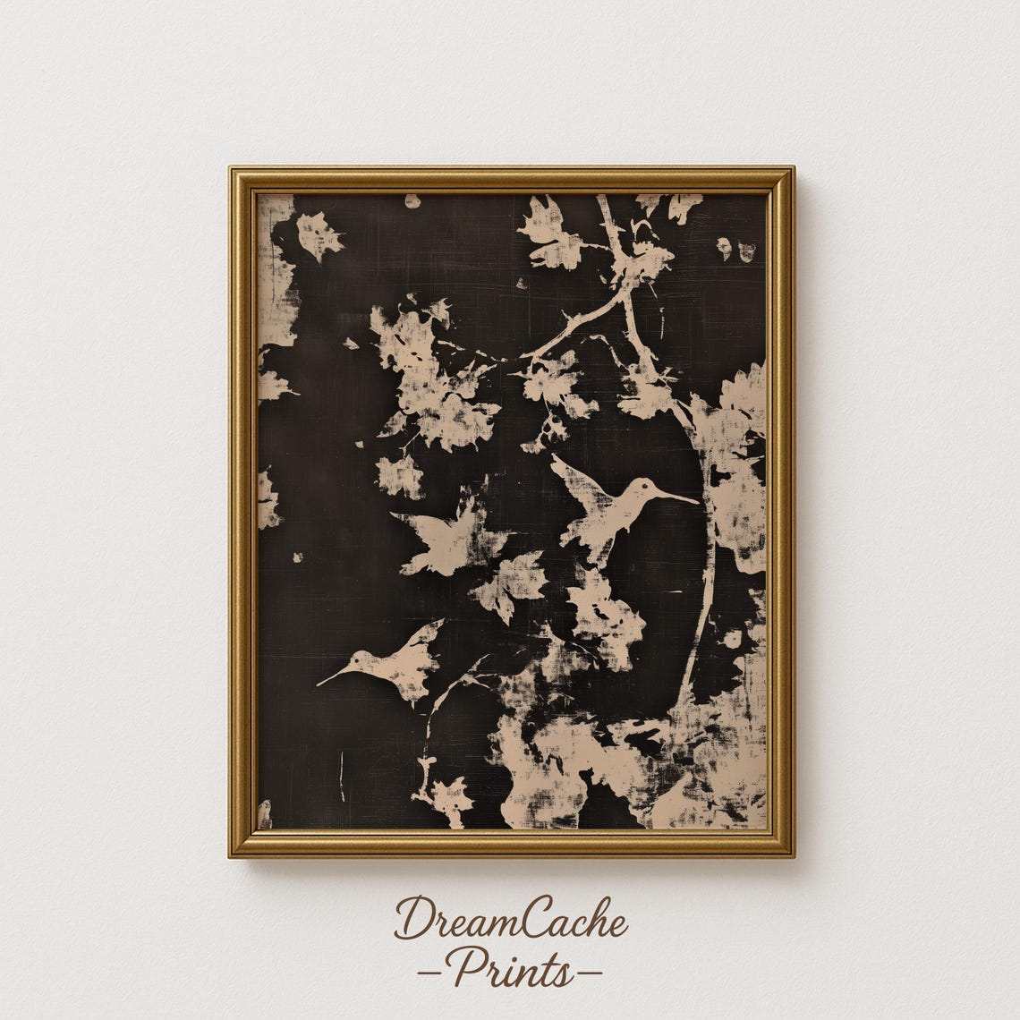Hummingbirds Among Blossom Branches Monochrome Vintage Ink Poster
