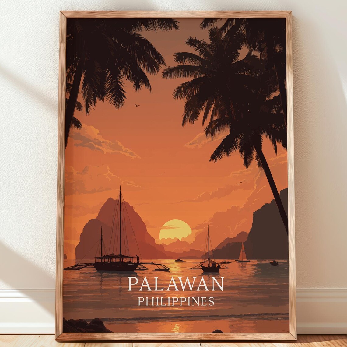 Palawan Philippines Sunset Palm Silhouettes Sailboats Orange Travel Poster
