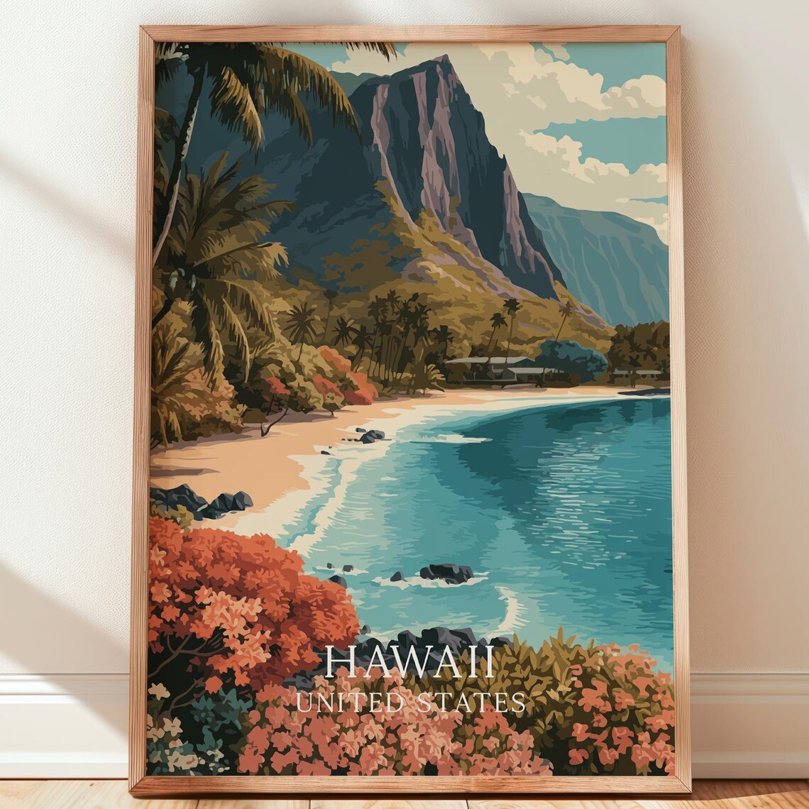 Hawaii Beach Cove Cliffs Palm Trees Vintage Travel Poster Art