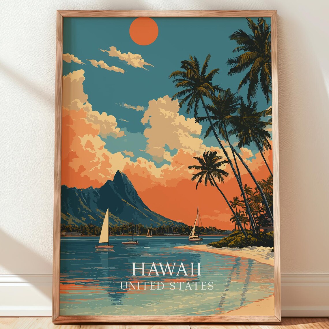 Hawaii United States Retro Palms Sailboats Volcano Sunset Travel Poster
