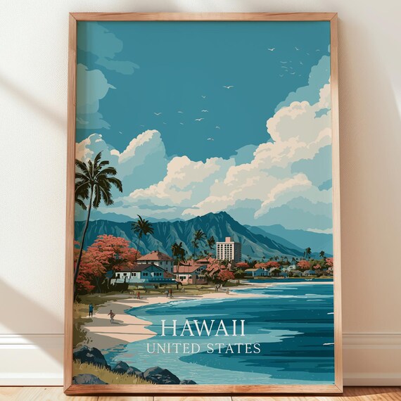 Hawaii United States Beach Vintage Travel Poster Palm Trees Surf Coast