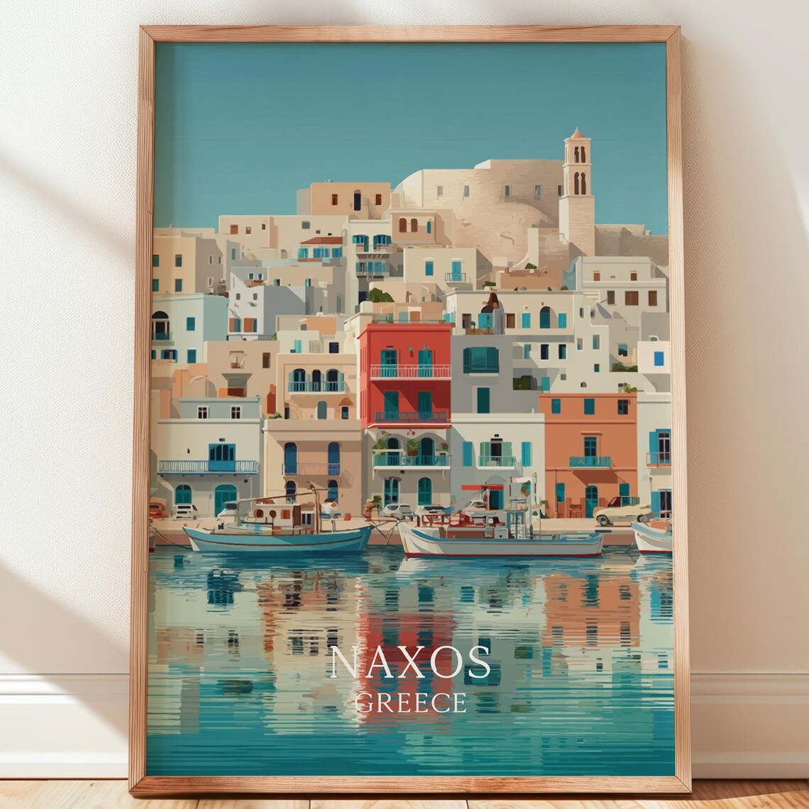 Naxos Greece Travel Poster Harbor Waterfront Boats Cyclades Island Artwork