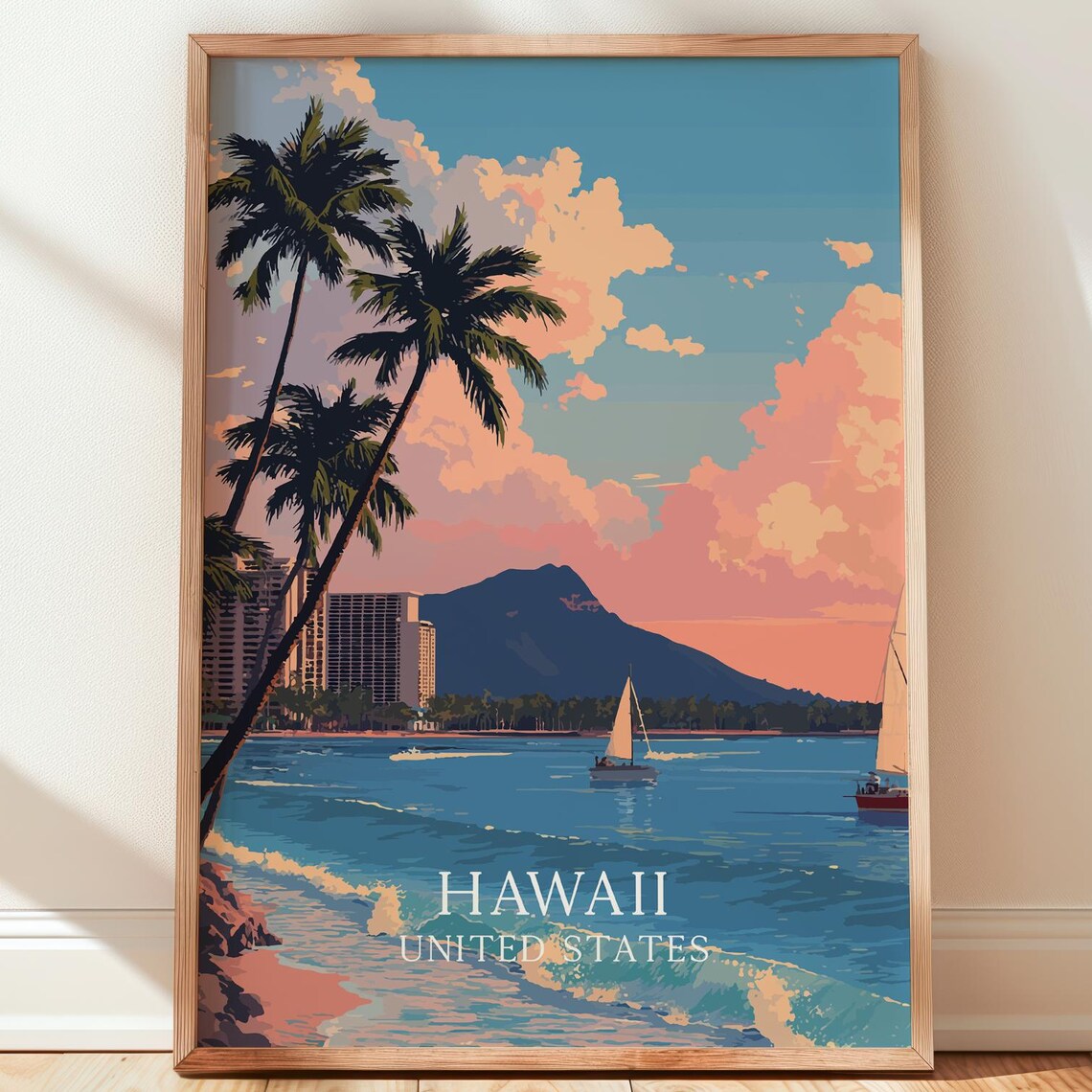 Hawaii Waikiki Diamond Head Sunset Beach Surf Travel Art Poster
