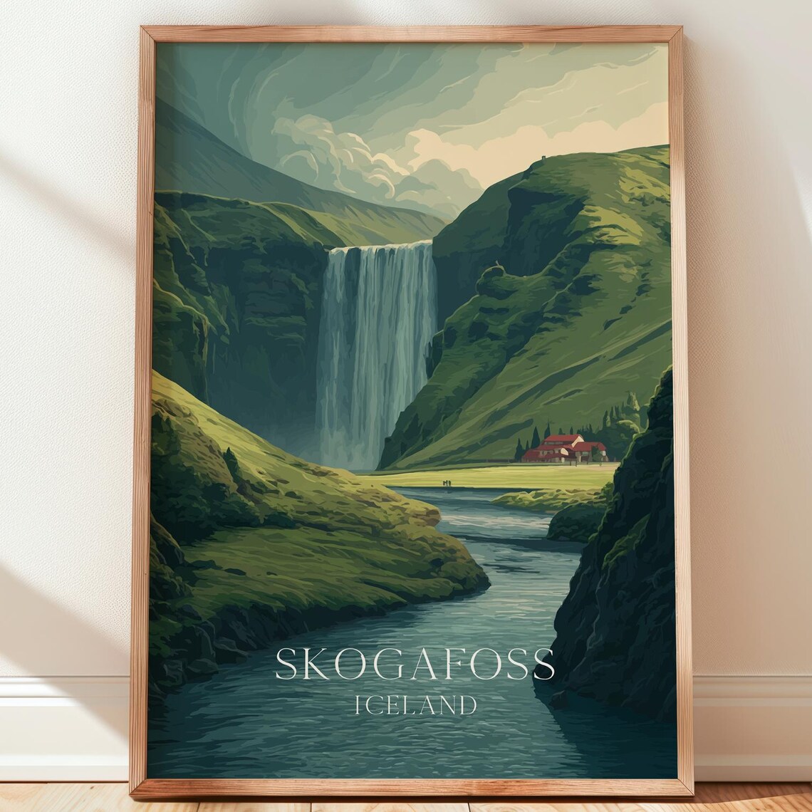 Skogafoss Waterfall Iceland Illustrated Travel Poster Green Valley Art