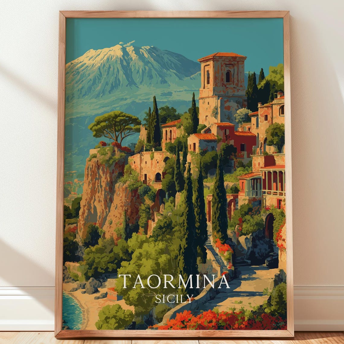 Taormina Sicily Cliffside Town Mount Etna View Vintage Travel Poster