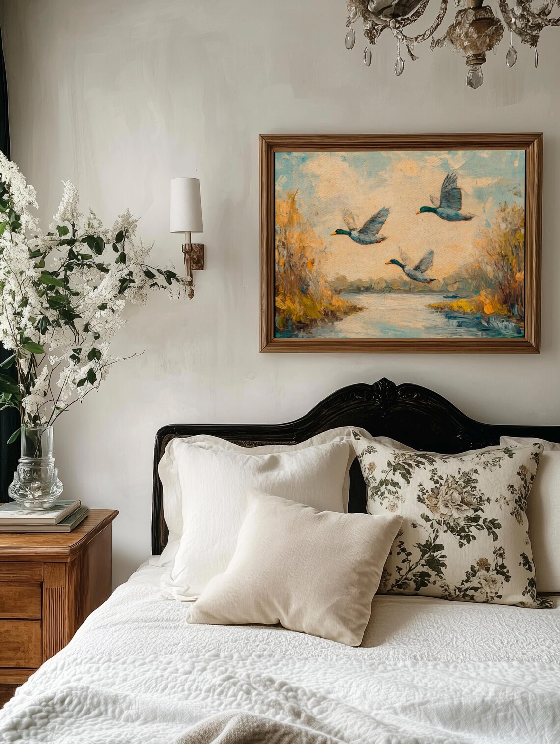Vintage Flying Ducks Oil Painting River Landscape Art Print - Image 2