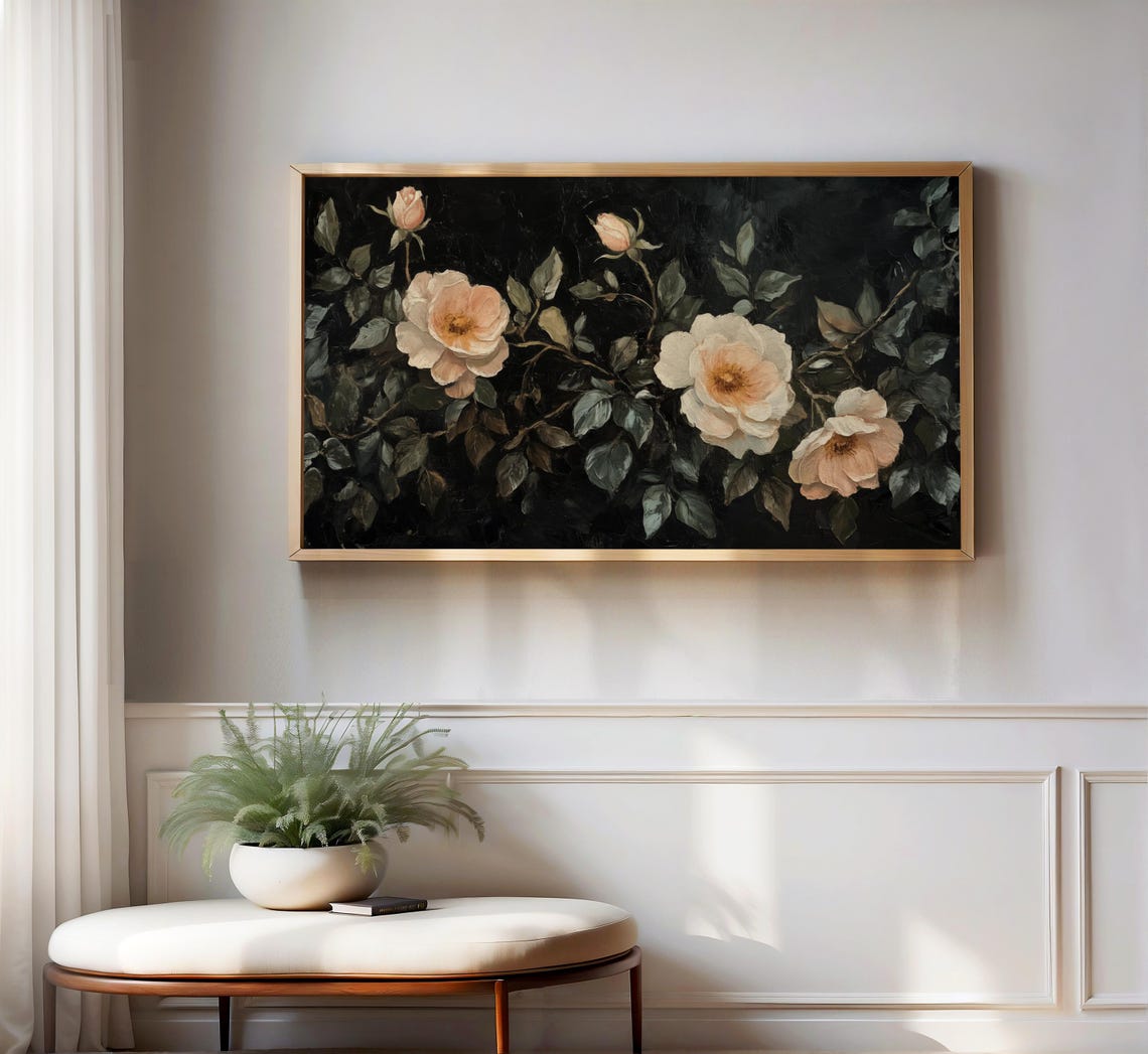 Moody Blush Wild Roses Black Background Vintage Frame TV Art Poster - Image 3