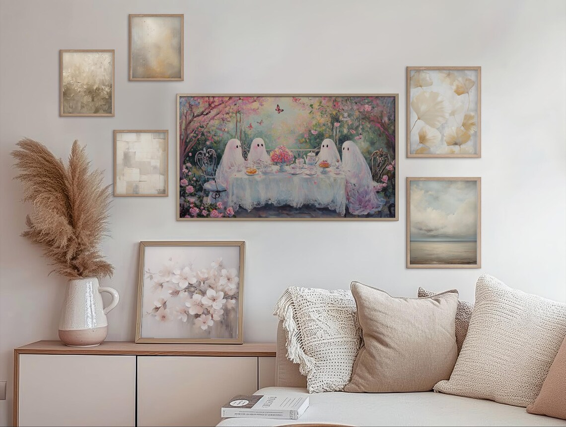 Four Ghosts Having Tea in a Blooming Garden Vintage Whimsical Halloween Wall Art - Image 2