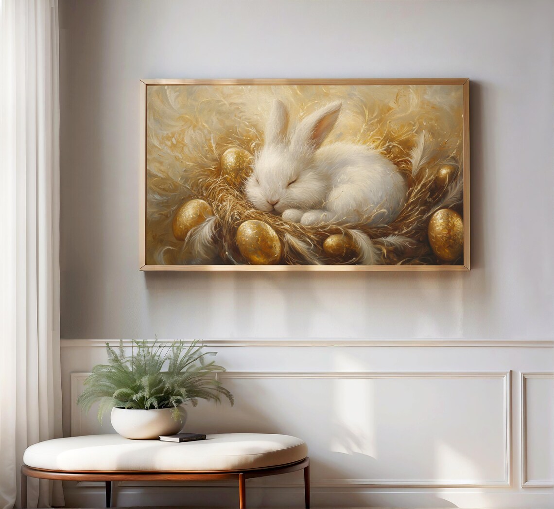 Sleeping Bunny Among Golden Easter Eggs Cozy Spring Wildlife Wall Art Poster - Image 3