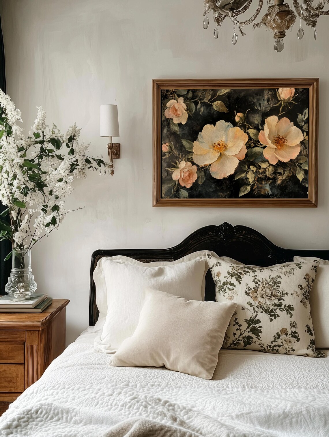 Blush Pink Roses And Ivy On Dark Background Vintage Floral Art Print - Image 2