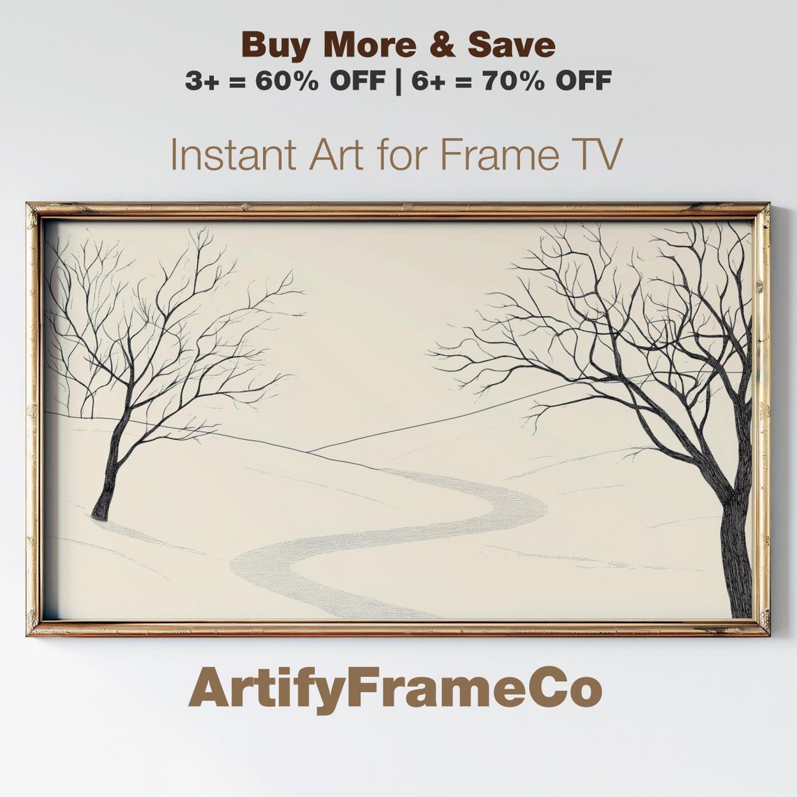 Two Bare Trees With Winding Winter Path Soft Neutral Landscape Poster