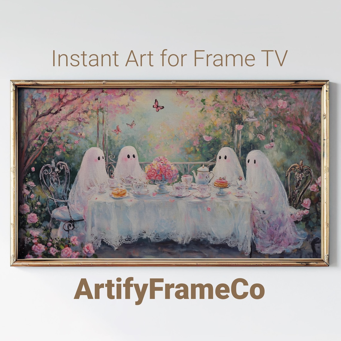 Four Ghosts Having Tea in a Blooming Garden Vintage Whimsical Halloween Wall Art