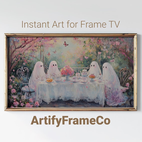 Four Ghosts Having Tea in a Blooming Garden Vintage Whimsical Halloween Wall Art
