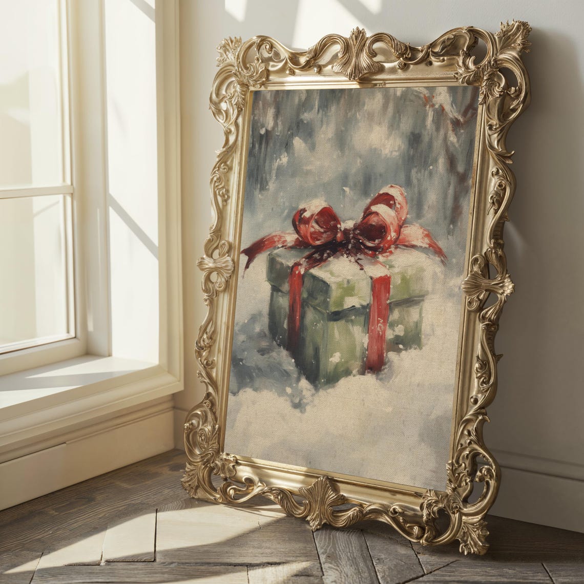 Christmas Gift Box Red Bow Resting in Snow Winter Holiday Scene Poster - Image 2