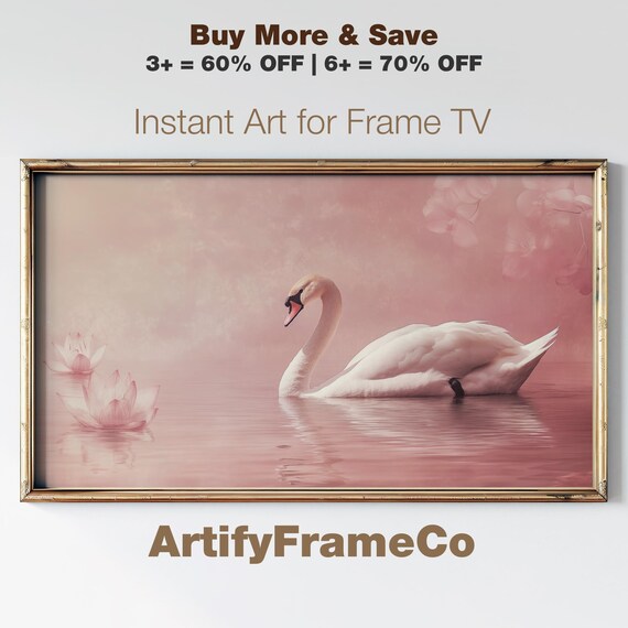 White Swan on Blush Pink Lake Lotus Flowers Nature Art Poster
