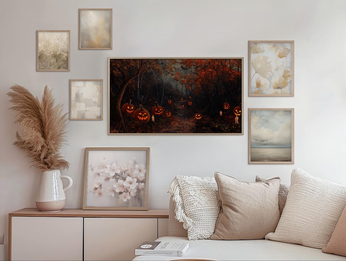 Glowing Jack O Lanterns Lighting a Dark Forest Trail Halloween Scene Wall Art - Image 2