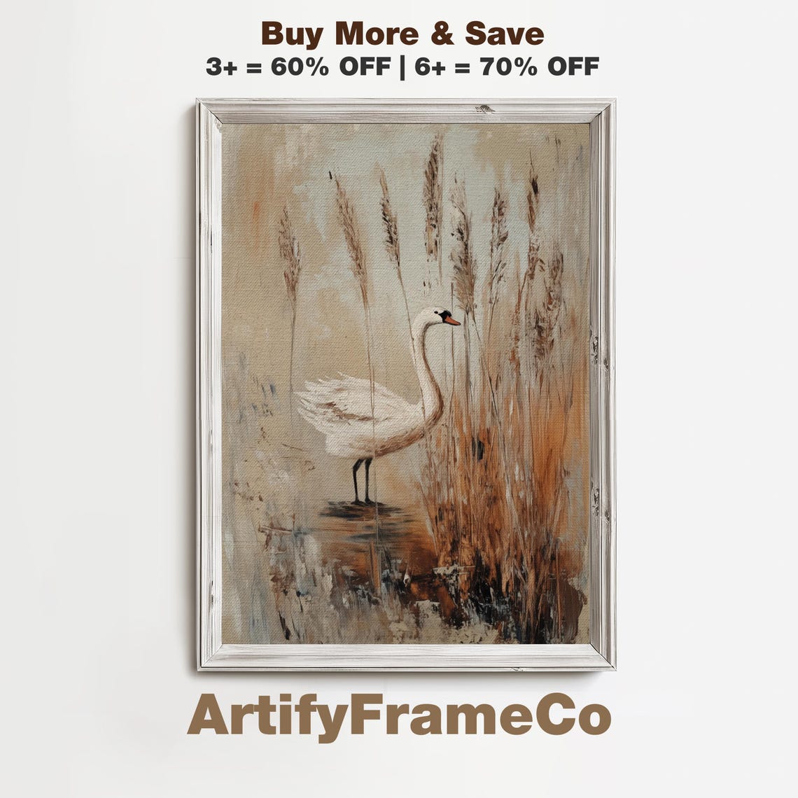 White Swan Standing Marsh Reeds Soft Neutral Oil Painting Poster