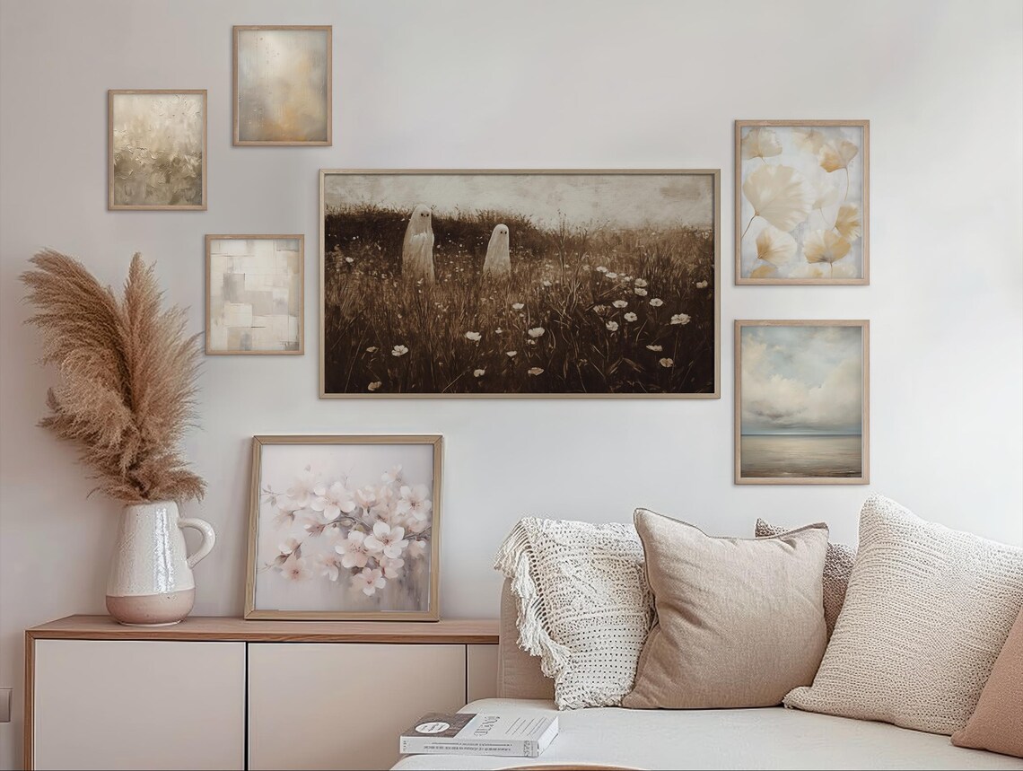 Two Ghosts in a Dark Wildflower Meadow Sepia Vintage Halloween Wall Art - Image 2