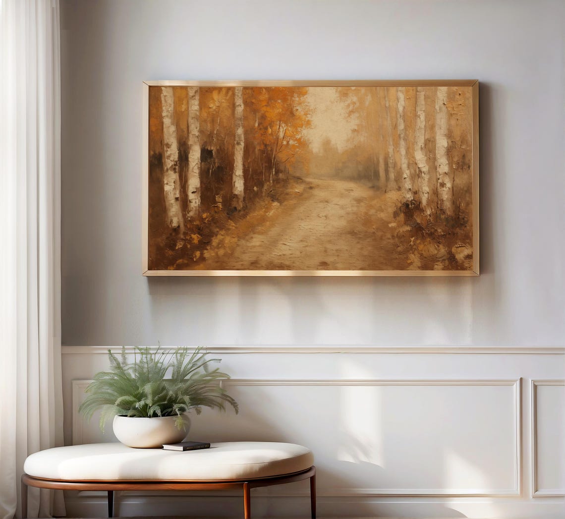 Autumn Birch Forest Dirt Road Warm Copper Tone Painting Poster - Image 3