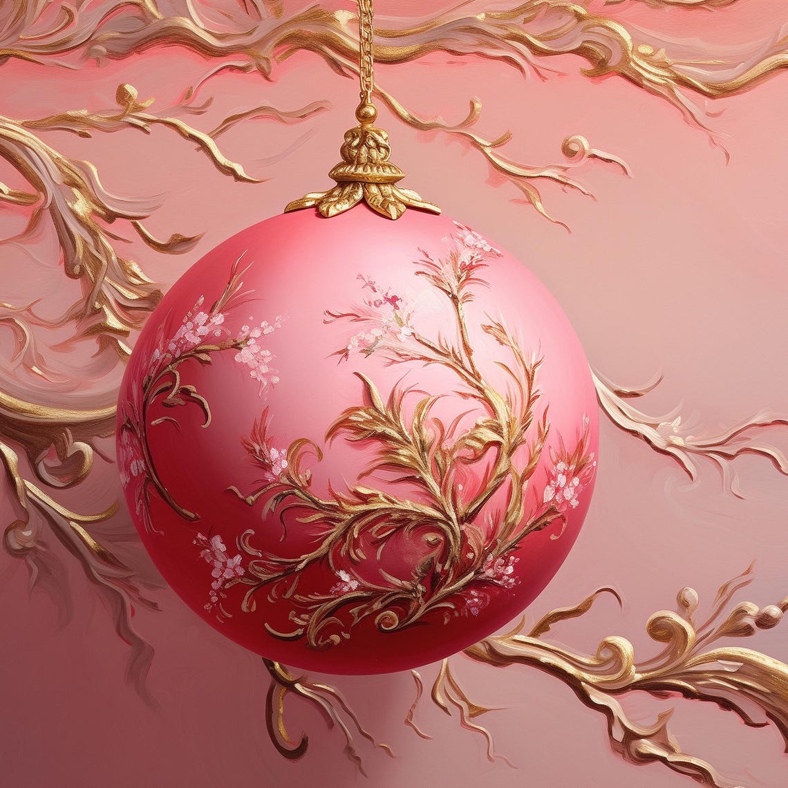 Pink Christmas Bauble With Gold Branches Textured 3D Art Frame Poster - Image 4