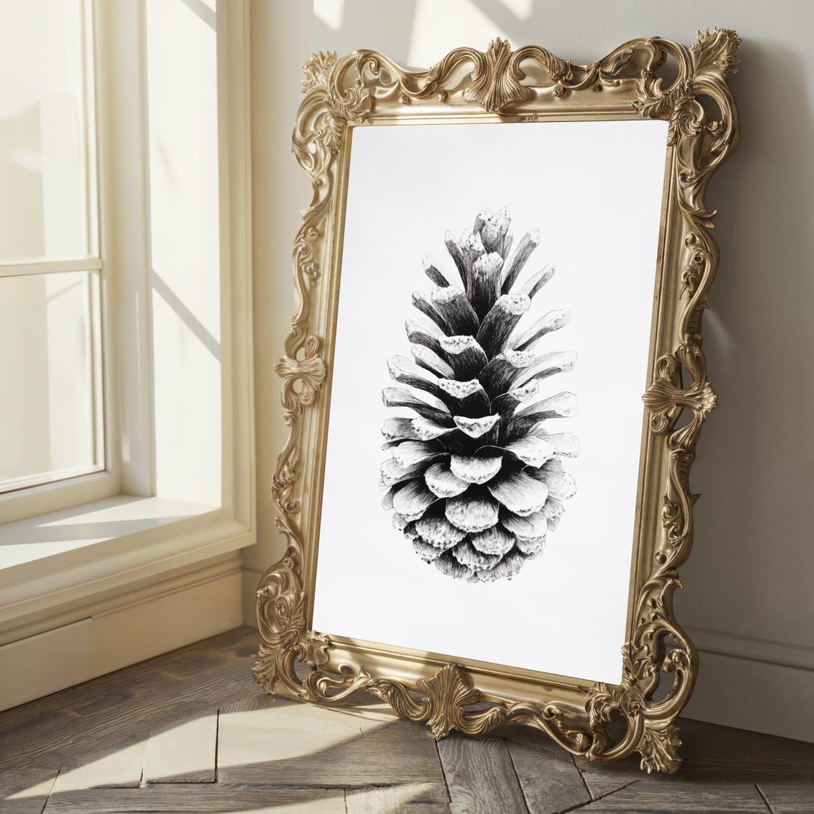 Frosted Pinecone Botanical Sketch Black And White Nature Poster - Image 2